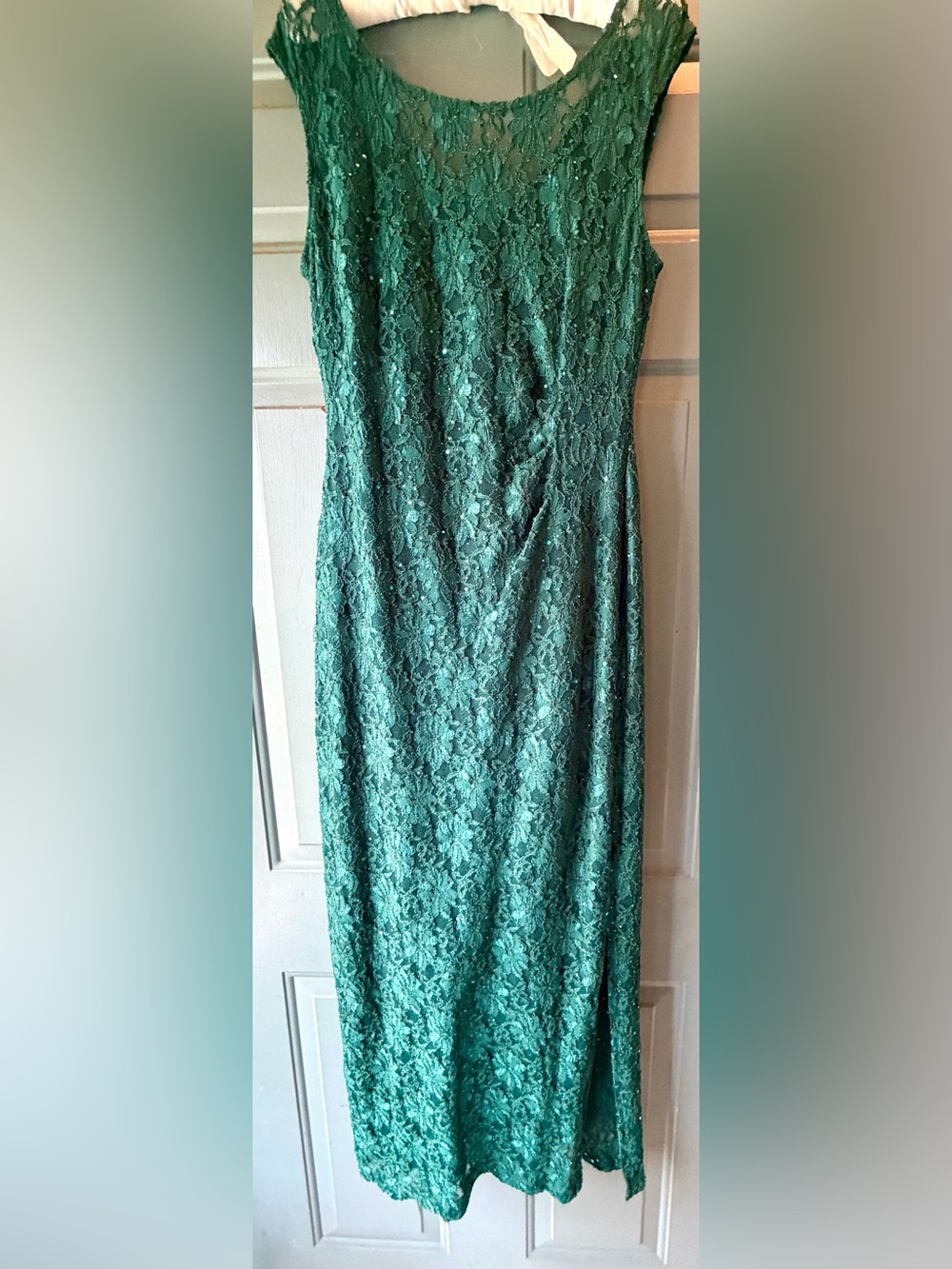 Connected Apparel Emerald Lace Sequined Maxi Dress in Emerald Green